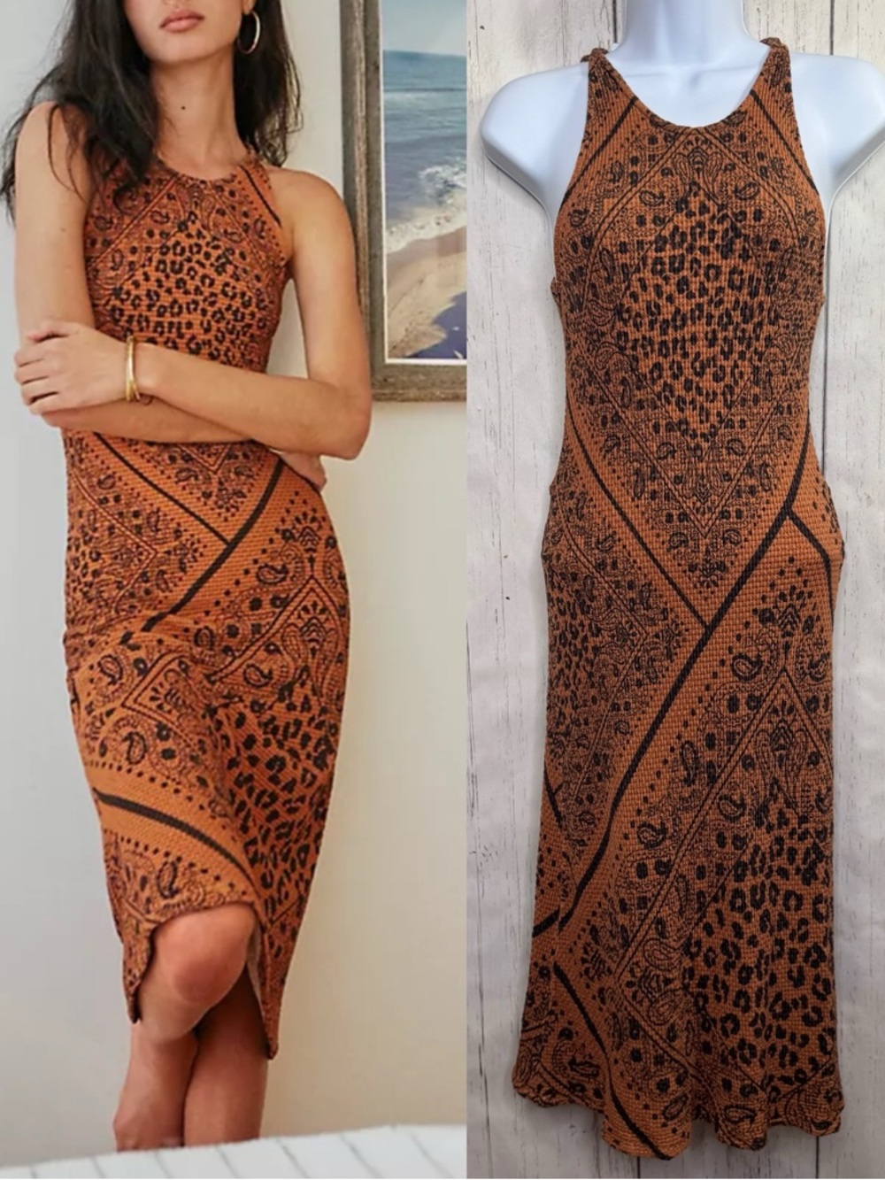 Farm Rio Anthropologie Leopard Print Midi Dress Brown Black Bodycon Size M